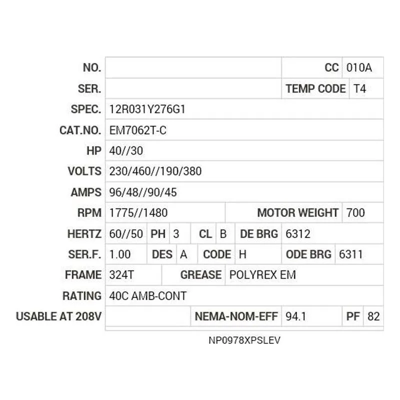 EM7062T-C Baldor 40//30 HP, 1775//1480 RPM, 3 PH, 60//50 HZ, 324T Motor Nameplate - view 2