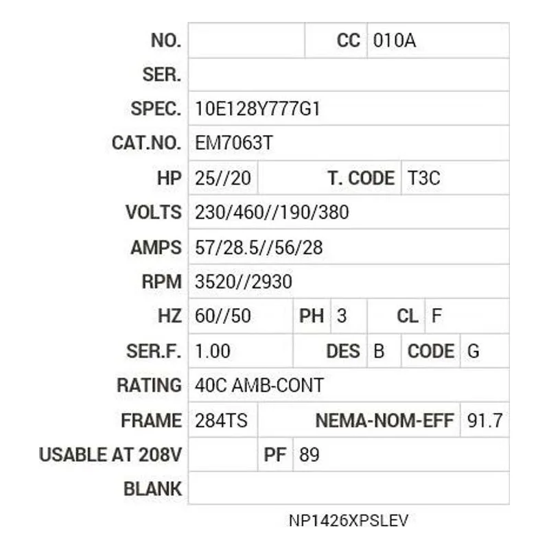 EM7063T Baldor 25//20 HP, 3520//2930 RPM, 3 PH, 60//50 HZ, 284T Motor Nameplate - view 2