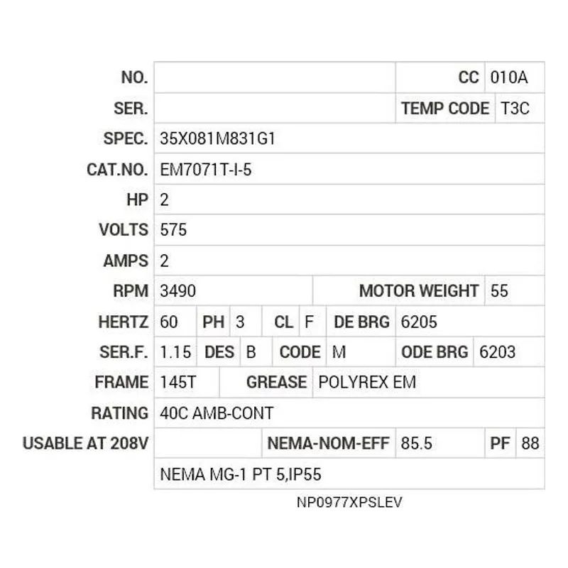 EM7071T-I-5 Baldor 2 HP, 3490 RPM, 3 PH, 60 HZ, 145T, 3526M, XPFC, F1 Motor Nameplate - view 2