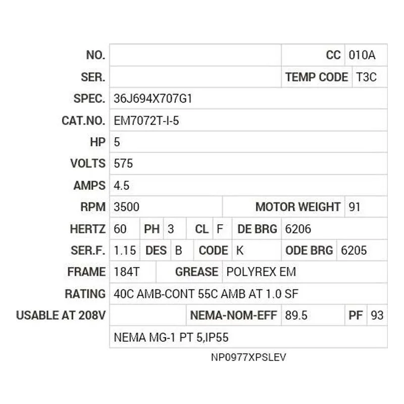 EM7072T-I-5 Baldor 5 HP, 3500 RPM, 3 PH, 60 HZ, 184T, 3634M, XPFC, F1 Motor Nameplate - view 2