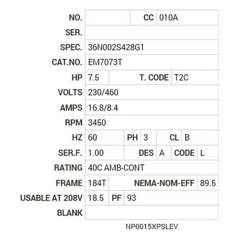 EM7073T Baldor 7.5 HP, 3450 RPM, 3 PH, 60 HZ, 184T, 3646M, XPFC, F Motor Nameplate - view 2