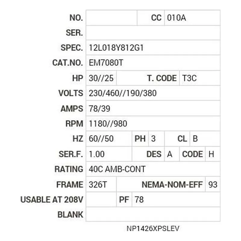 EM7080T Baldor 30//25 HP, 1180//980 RPM, 3 PH, 60//50 HZ, 326T Motor Nameplate - view 2