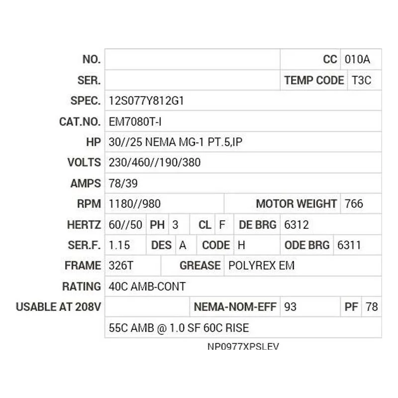 EM7080T-I Baldor 30//25 HP, 1180//980 RPM, 3 PH, 60//50 HZ, 326T Motor Nameplate - view 2