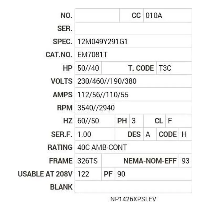 EM7081T Baldor 50//40 HP, 3540//2940 RPM, 3 PH, 60//50 HZ, 326T Motor Nameplate - view 2