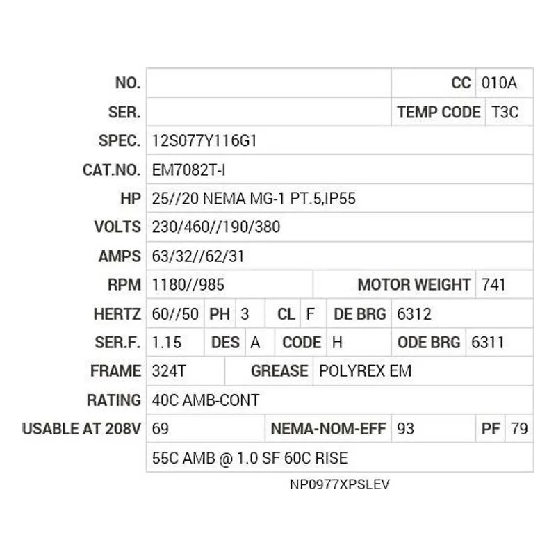 EM7082T-I Baldor 25//20 HP, 1180//985 RPM, 3 PH, 60//50 HZ, 324T Motor Nameplate - view 2