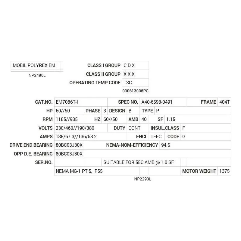 EM7086T-I Baldor 60//50 HP, 1185//985 RPM, 3 PH, 60//50 HZ, 404T Motor Nameplate - view 2