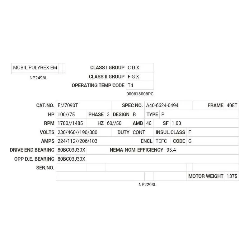 EM7090T Baldor 100//75 HP, 1780//1485 RPM, 3 PH, 60//50 HZ, 405 Motor Nameplate - view 2
