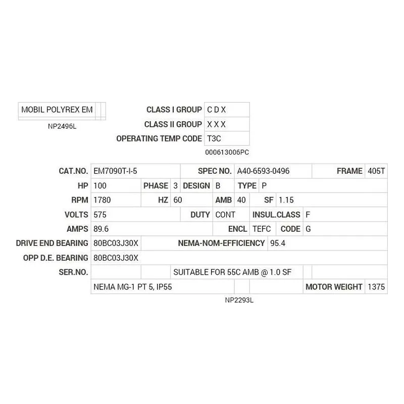 EM7090T-I-5 Baldor 100 HP, 1780 RPM, 3 PH, 60 HZ, 405T, A40072M, TEFC Motor Nameplate - view 2