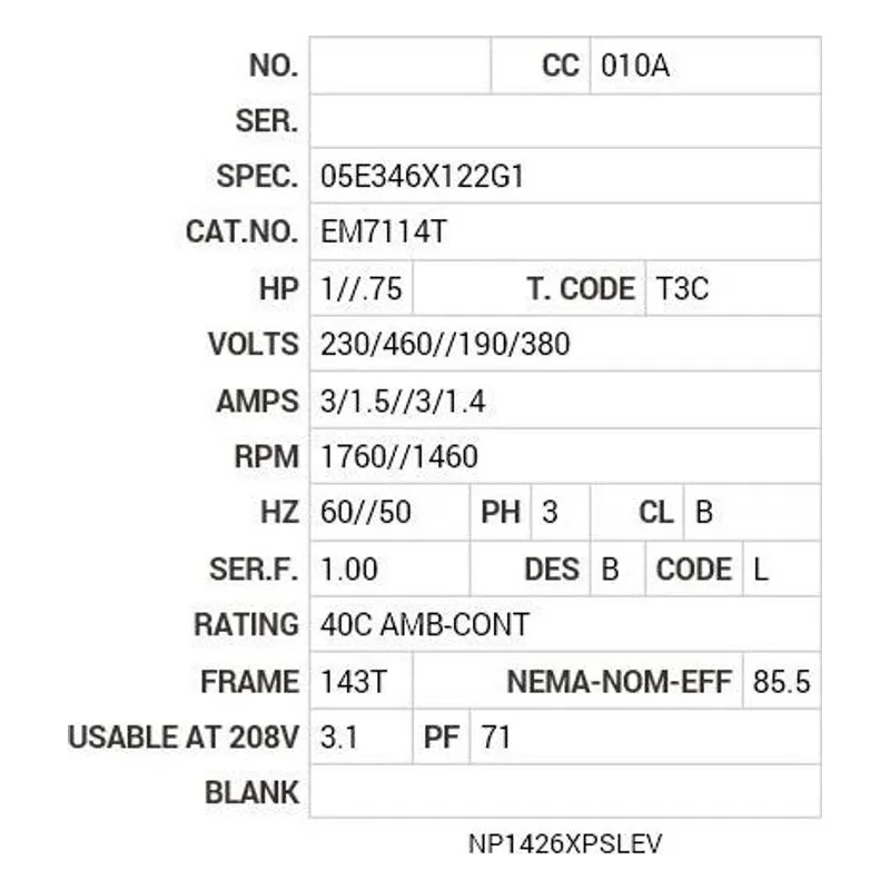 EM7114T Baldor 1//.75 HP, 1760//1460 RPM, 3 PH, 60//50 HZ, 143T Motor Nameplate - view 2