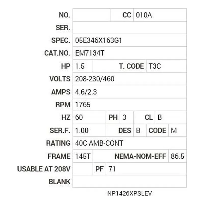 EM7134T Baldor 1.5 HP, 1765 RPM, 3 PH, 60 HZ, 145T, 0526M, XPFC, F Motor Nameplate - view 2