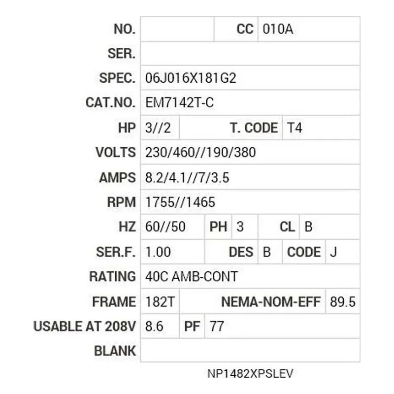 EM7142T-C Baldor 2/3 HP, 1460/1760 RPM, 3 PH, 50/60 HZ, 182T Motor Nameplate - view 2
