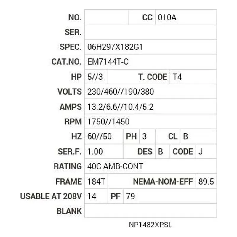 EM7144T-C Baldor 5//3 HP, 1750//1450 RPM, 3 PH, 60//50 HZ, 184T, 0 Motor Nameplate - view 2
