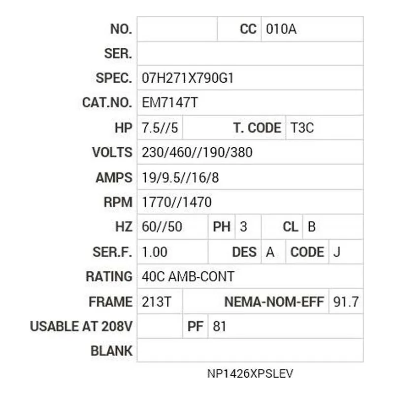 EM7147T Baldor 7.5//5 HP, 1770//1470 RPM, 3 PH, 60//50 HZ, 213T Motor Nameplate - view 2