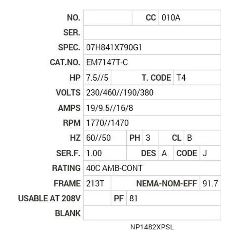 EM7147T-C Baldor 7.5 HP, 1770/1470 RPM, 3 PH, 60/50 HZ, 213T Motor Nameplate - view 2