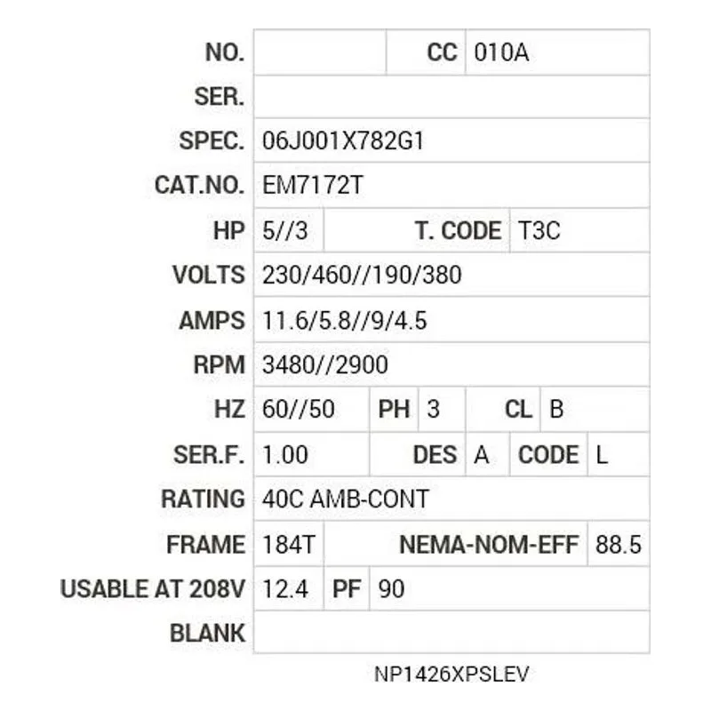 EM7172T Baldor 5//3 HP, 3480//2900 RPM, 3 PH, 60//50 HZ, 184T, 0 Motor Nameplate - view 2