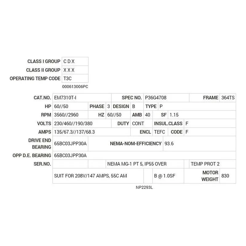 EM7310T-I Baldor 60//50 HP, 3560//2960 RPM, 3 PH, 60//50 HZ, 364T Motor Nameplate - view 2
