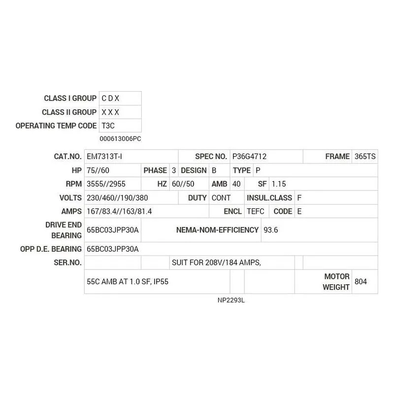 EM7313T-I Baldor 75//60 HP, 3555//2955 RPM, 3 PH, 60//50 HZ, 365T Motor Nameplate - view 2