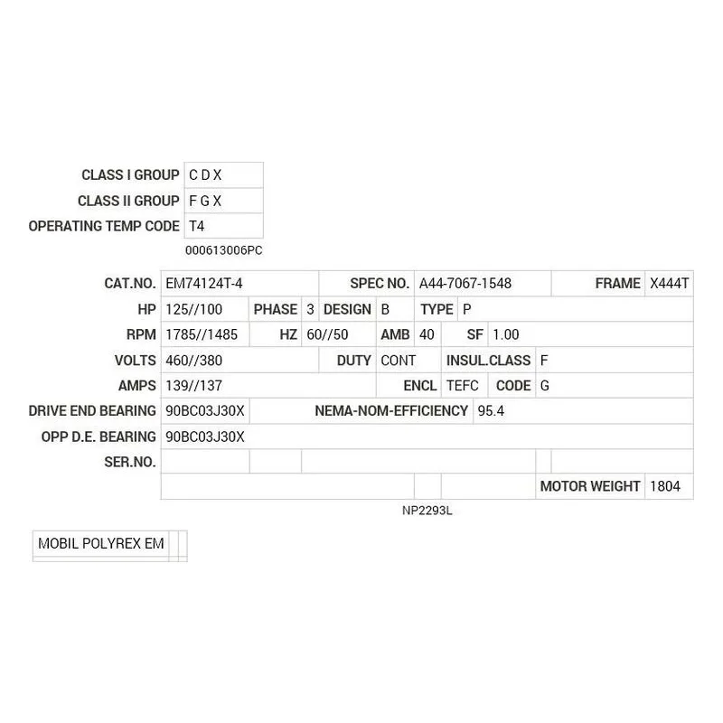 EM74124T-4 Baldor 125 HP, 1785/1485 RPM, 3 PH, 60 HZ, 444T, XPFC, F1 Motor Nameplate - view 2