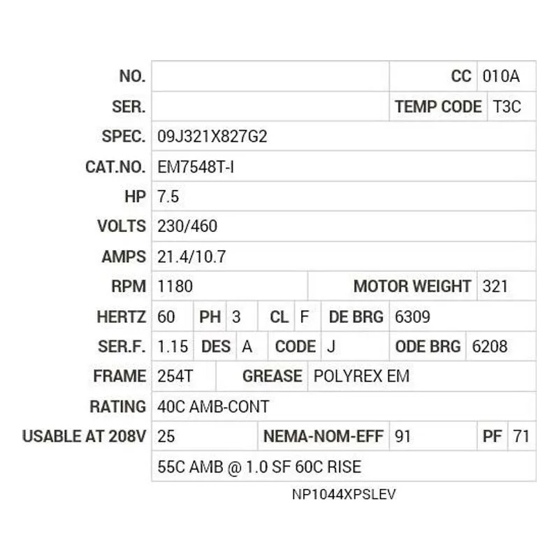 EM7548T-I Baldor 7.5 HP, 1180 RPM, 3 PH, 60 HZ, 254T, 0954M, XPFC, F Motor Nameplate - view 2