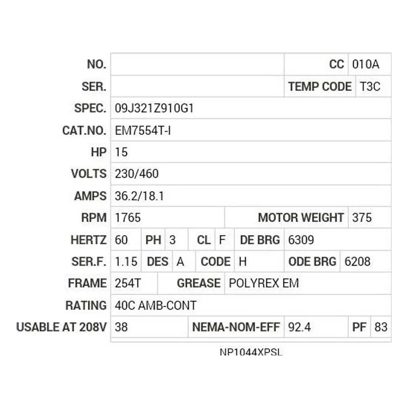 EM7554T-I Baldor 15 HP, 1765 RPM, 3 PH, 60 HZ, 254T, 0944M, XPFC, F1 Motor Nameplate - view 2