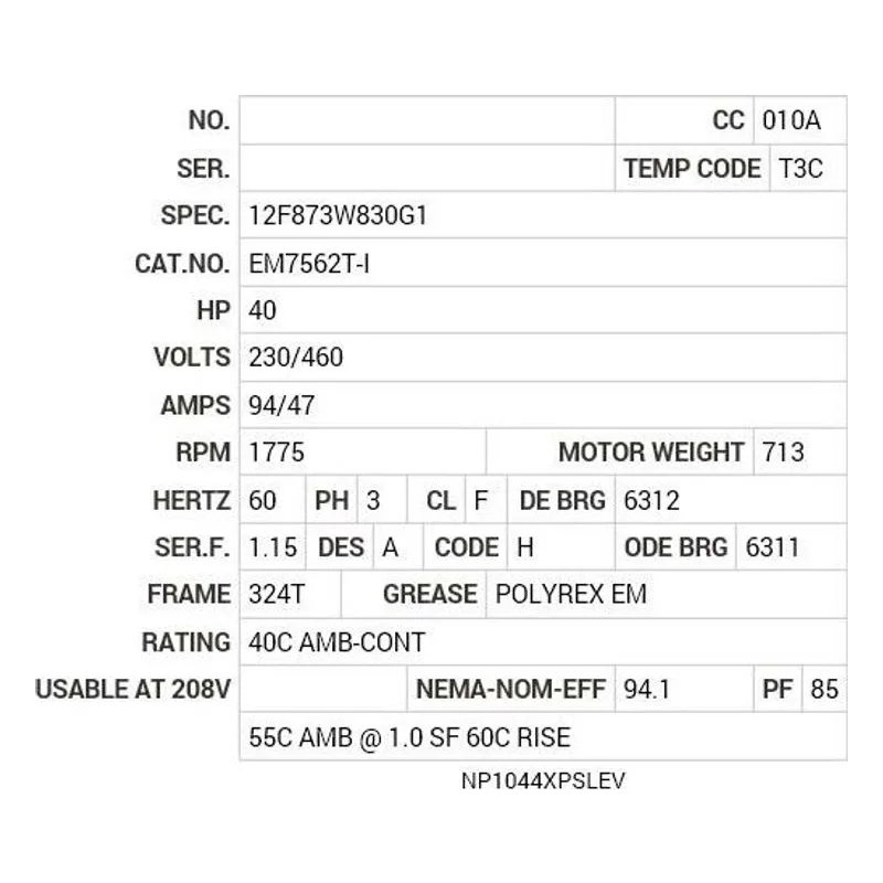 EM7562T-I Baldor 40 HP, 1775 RPM, 3 PH, 60 HZ, 324T, 1256M, XPFC, F1 Motor Nameplate - view 2