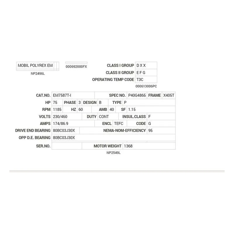 EM7587T-I Baldor 75 HP, 1185 RPM, 3 PH, 60 HZ, X405T, A40064M, TEFC Motor Nameplate - view 2