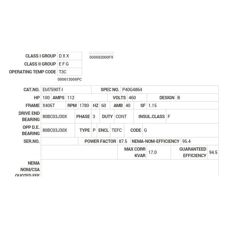 EM7590T-I Baldor 100 HP, 1780 RPM, 3 PH, 60 HZ, X405T, A40072M, TEF Motor Nameplate - view 2