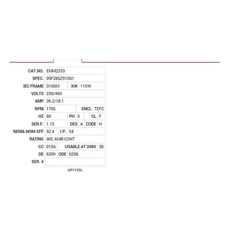 EMM2333 Baldor 11KW, 1765 RPM, 3 PH, 60 HZ, D160M, 0944M, TEFC, F Motor Nameplate - view 2