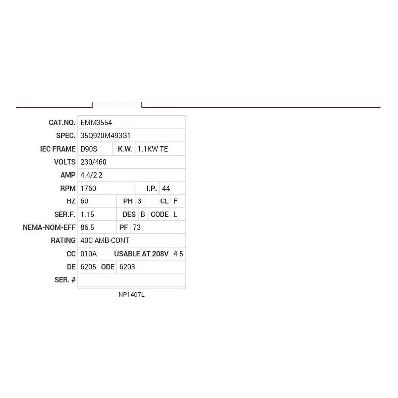 EMM3554 Baldor 1.1KW, 1760 RPM, 3 PH, 60 HZ, D90S, 3526M, TEFC, B Motor Nameplate - view 2
