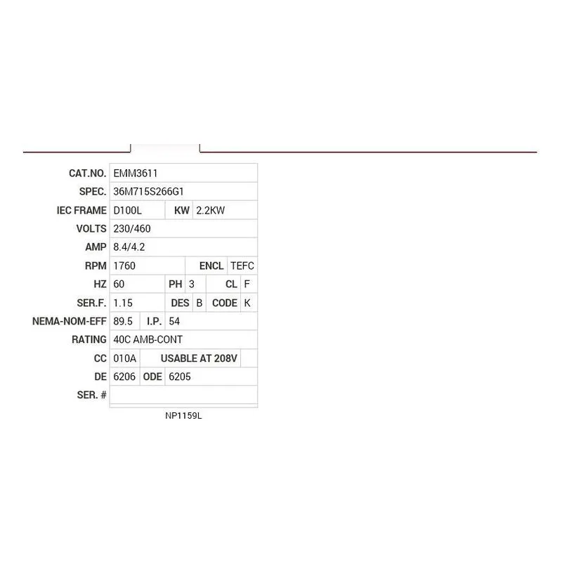 EMM3611 Baldor 2.2KW, 1760 RPM, 3 PH, 60 HZ, D100L, 3631M, TEFC Motor Nameplate - view 2