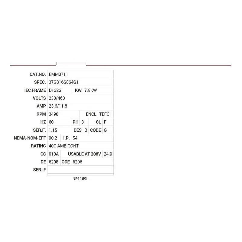 EMM3711 Baldor 7.5KW, 3490 RPM, 3 PH, 60 HZ, D132S, 3729M, TEFC Motor Nameplate - view 2