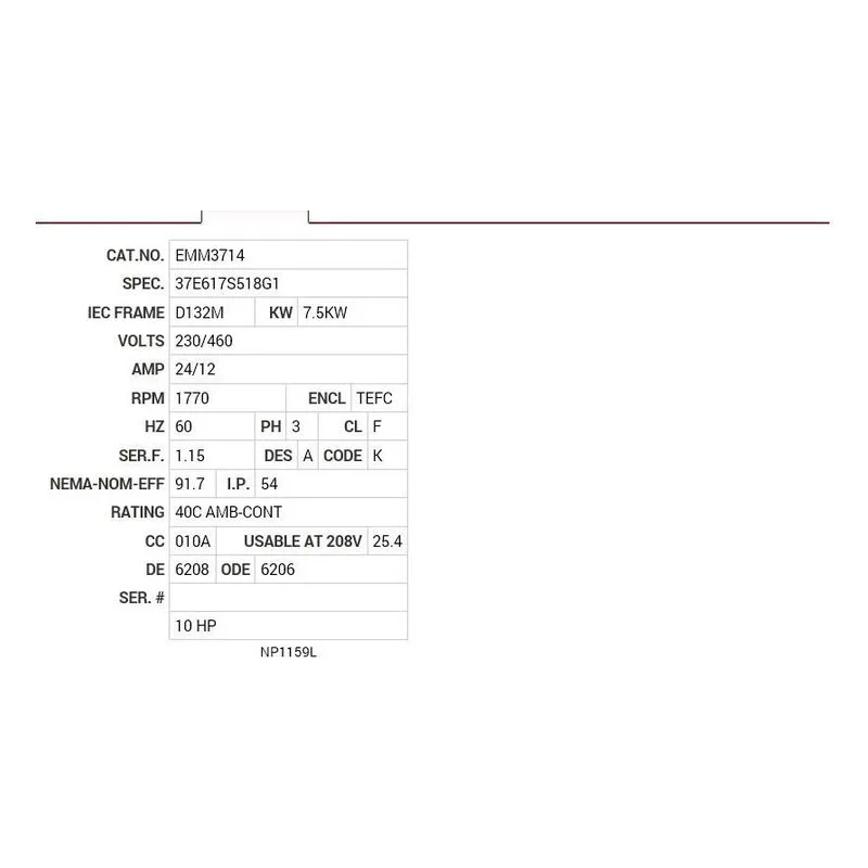 EMM3714 Baldor 7.5KW, 1770 RPM, 3 PH, 60 HZ, D132M, 3752M, TEFC Motor Nameplate - view 2