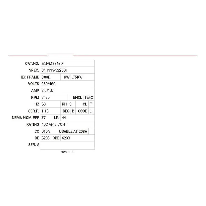 EMVM3545D Baldor .75KW, 3450 RPM, 3 PH, 60 HZ, D80D, 3420M, TEFC, B Motor Nameplate - view 2