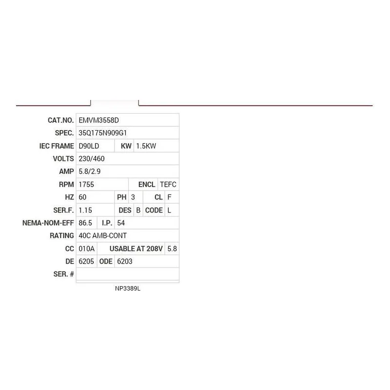 EMVM3558D Baldor 1.5KW, 1755 RPM, 3 PH, 60 HZ, D90LD, 3528M, TEFC Motor Nameplate - view 2