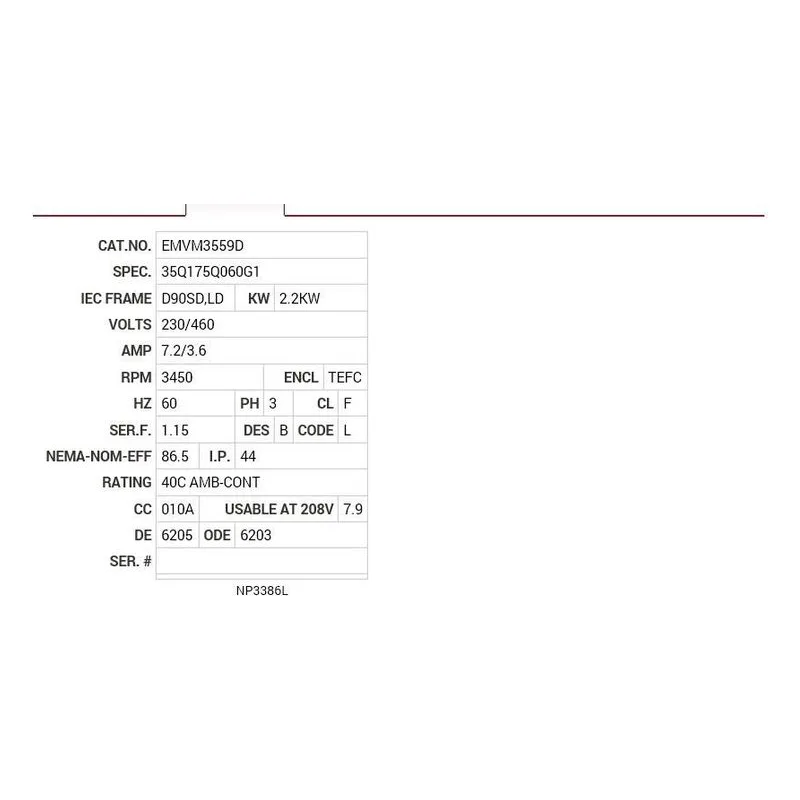 EMVM3559D Baldor 2.2KW, 3450 RPM, 3 PH, 60 HZ, D90SD, LD, 3532M, TE Motor Nameplate - view 2