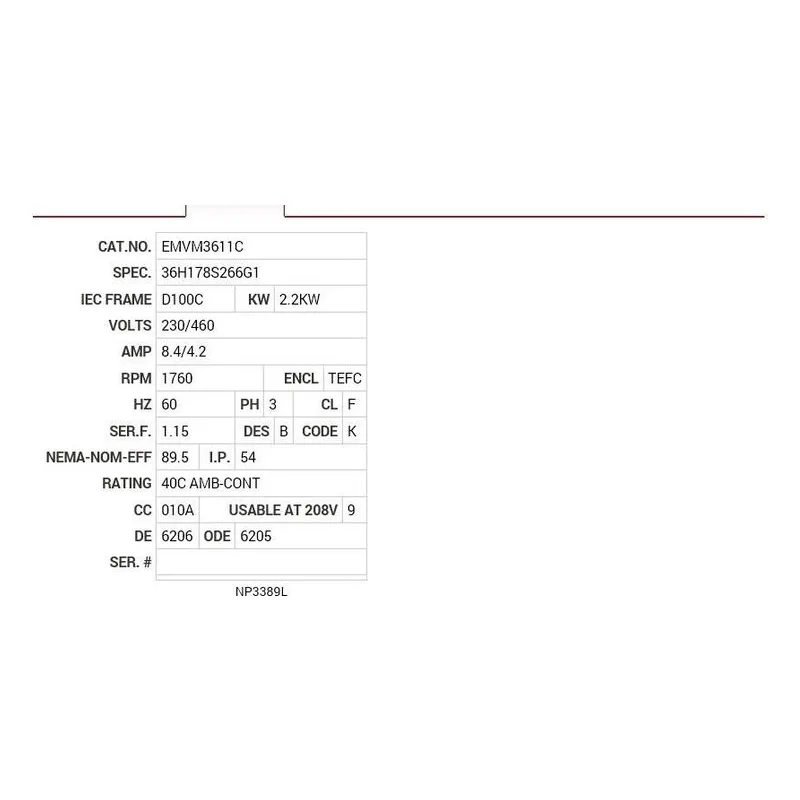 EMVM3611C Baldor 2.2KW, 1760 RPM, 3 PH, 60 HZ, D100C, 3631M, TEFC Motor Nameplate - view 2