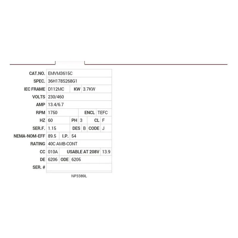 EMVM3615C Baldor 3.7KW, 1750 RPM, 3 PH, 60 HZ, D112MC, 3642M, TEFC Motor Nameplate - view 2