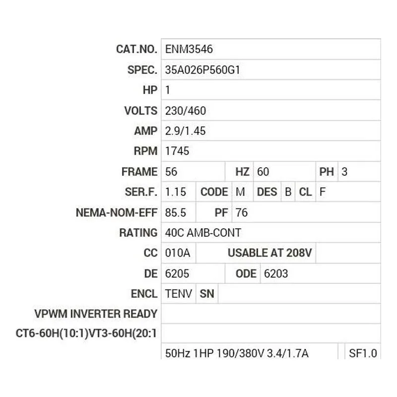 ENM3546 Baldor 1 HP, 1745 RPM, 3 PH, 60 HZ, 56, 3524M, TENV, F1, N Motor Nameplate - view 2