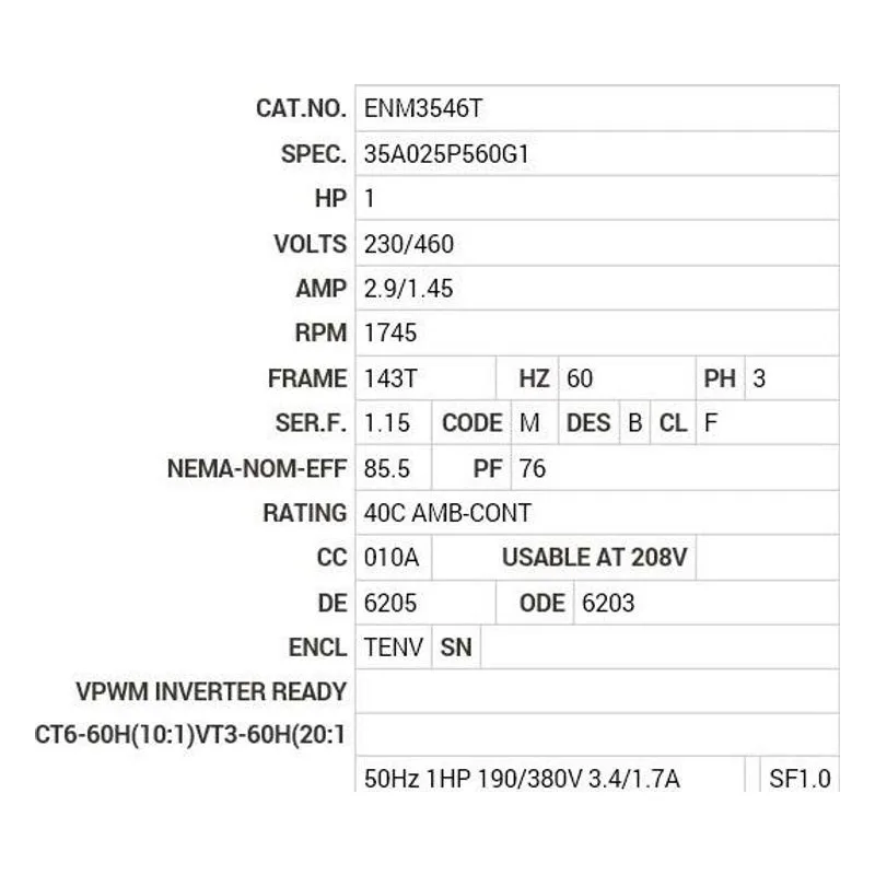 ENM3546T Baldor 1 HP, 1745 RPM, 3 PH, 60 HZ, 143T, 3524M, TENV, F1 Motor Nameplate - view 2