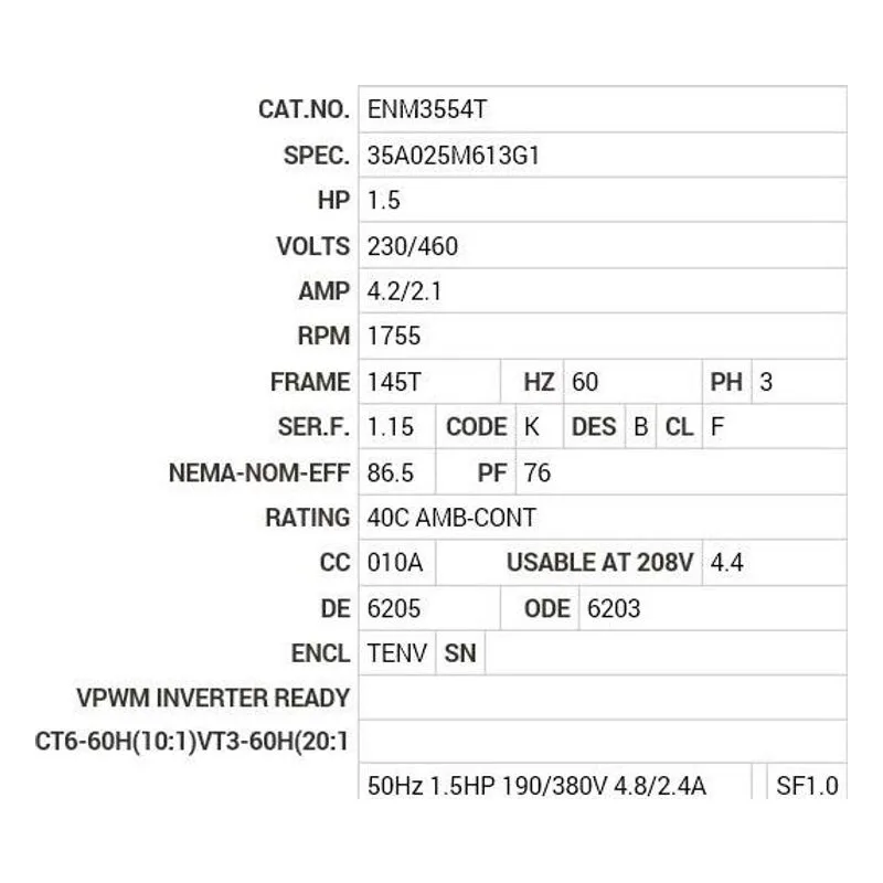 ENM3554T Baldor 1.5 HP, 1755 RPM, 3 PH, 60 HZ, 145T, 3533M, TENV, F Motor Nameplate - view 2