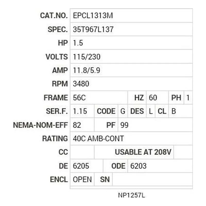 EPCL1313M Baldor 1.5 HP, 3480 RPM, 1 PH, 60 HZ, 56C, 3532LC, OPEN, F Motor Nameplate - view 2