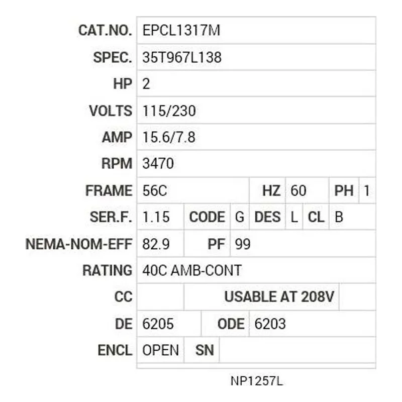 EPCL1317M Baldor 2 HP, 3470 RPM, 1 PH, 60 HZ, 56C, 3540LC, OPEN, F1 Motor Nameplate - view 2