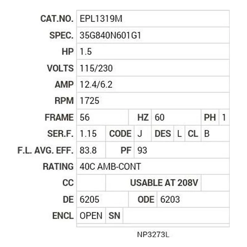 EPL1319M Baldor 1.5 HP, 1725 RPM, 1 PH, 60 HZ, 56, 3540LC, OPEN, F1 Motor Nameplate - view 2