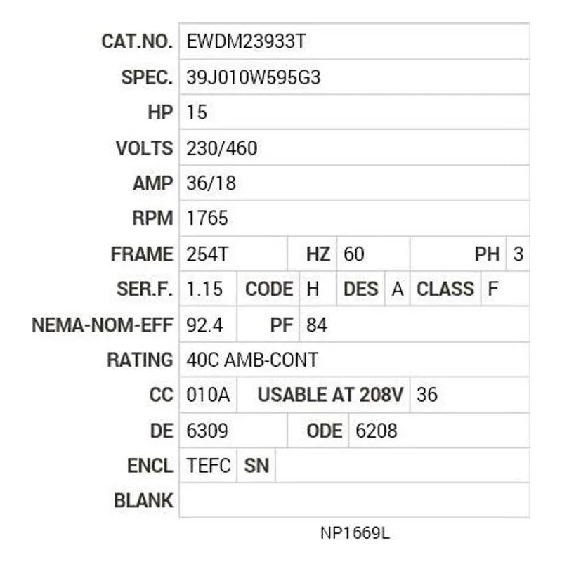 EWDM23933T Baldor 15 HP, 1765 RPM, 3 PH, 60 HZ, 254T, 3942M, TEFC, F1 Motor Nameplate - view 2