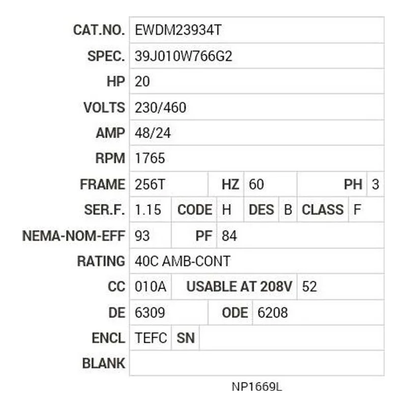 EWDM23934T Baldor 20 HP, 1765 RPM, 3 PH, 60 HZ, 256T, 3952M, TEFC, F1 Motor Nameplate - view 2