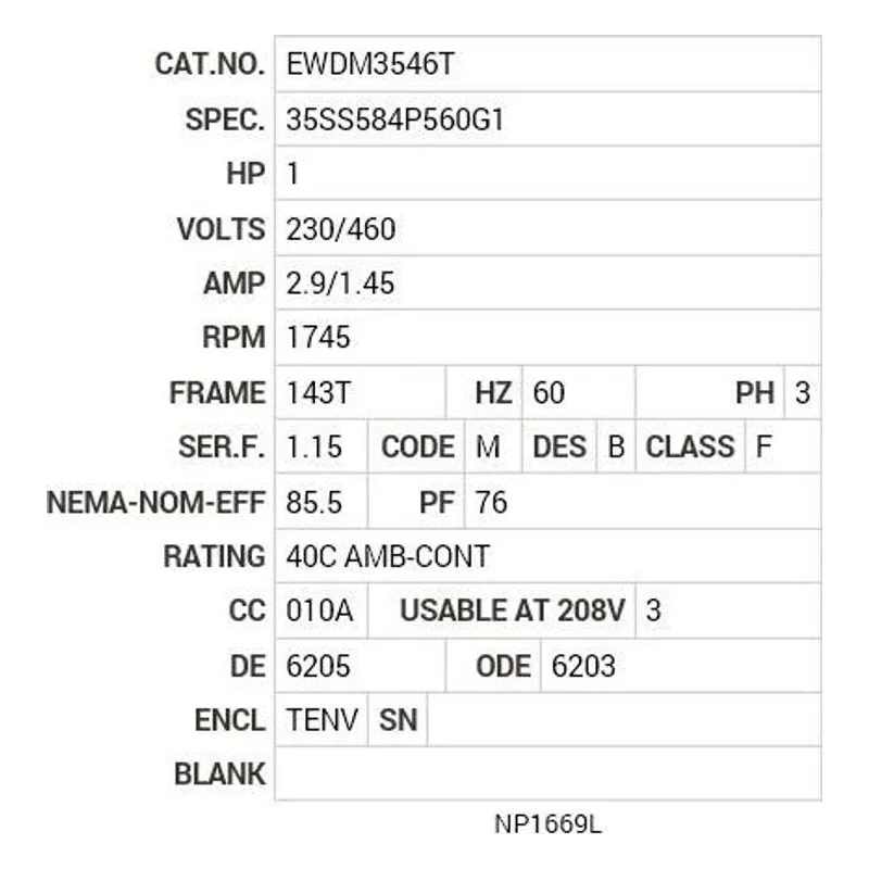 EWDM3546T Baldor 1 HP, 1745 RPM, 3 PH, 60 HZ, 143T, 3524M, TENV, F1 Motor Nameplate - view 2
