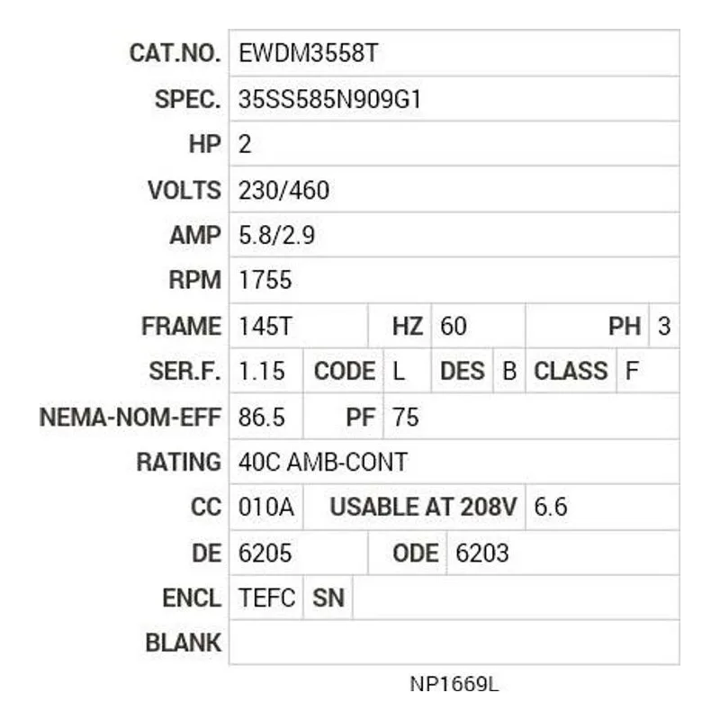 EWDM3558T Baldor 2 HP, 1755 RPM, 3 PH, 60 HZ, 145T, 3528M, TEFC, F1 Motor Nameplate - view 2