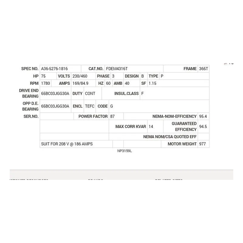 FDEM4316T Baldor 75 HP, 1780 RPM, 3 PH, 60 HZ, 365T, 1482M, TEFC, F1 Motor Nameplate - view 2