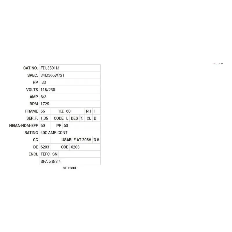 FDL3501M Baldor .33 HP, 1725 RPM, 1 PH, 60 HZ, 56, 3414L, TEFC, F1 Motor Nameplate - view 2