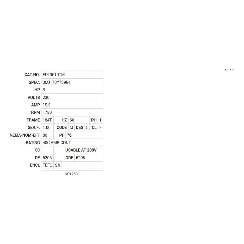 FDL3610TM Baldor 3 HP, 1750 RPM, 1 PH, 60 HZ, 184T, 3640LC, TEFC, F1 Motor Nameplate - view 2